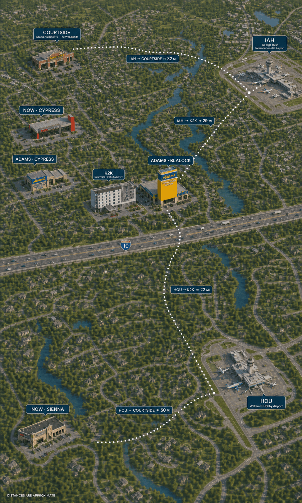 Portrait overhead Houston logistics map showing Courtside and Bush Intercontinental at the top, the five shop landmarks, Key2Key and Adams Blalock north of I-10, and NOW Sienna and Hobby Airport at the bottom