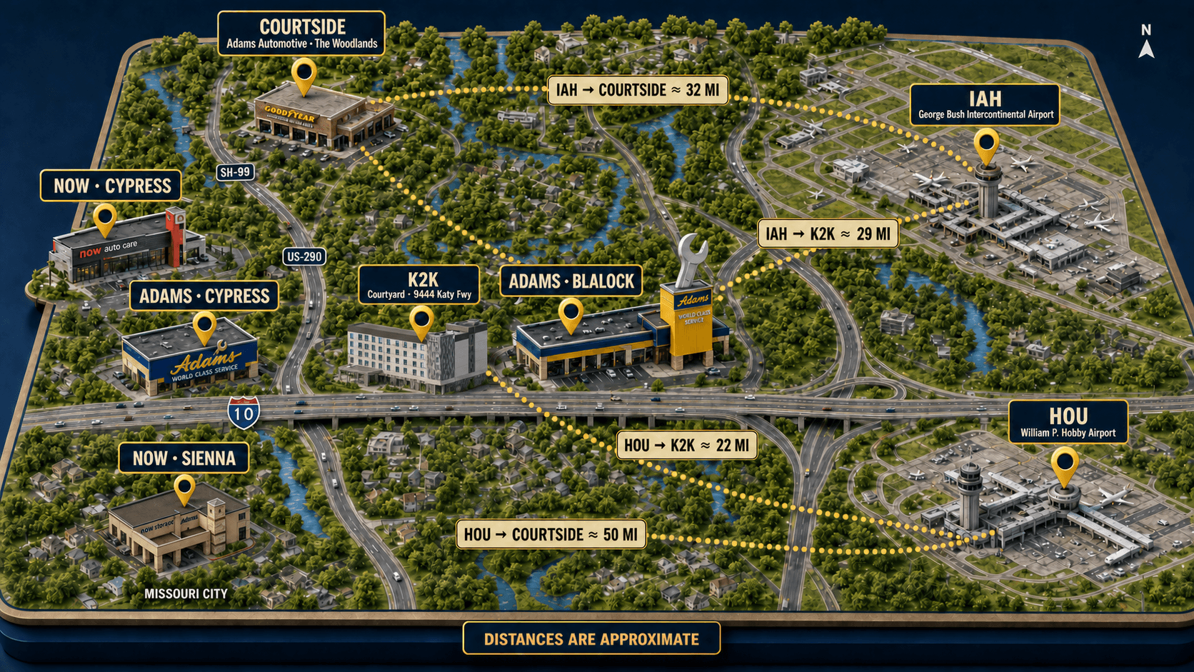 Three-dimensional Houston logistics map with real shop-inspired landmarks, including the Adams Blalock flagship and its silver wrench north of I-10 beside the Key2Key hotel