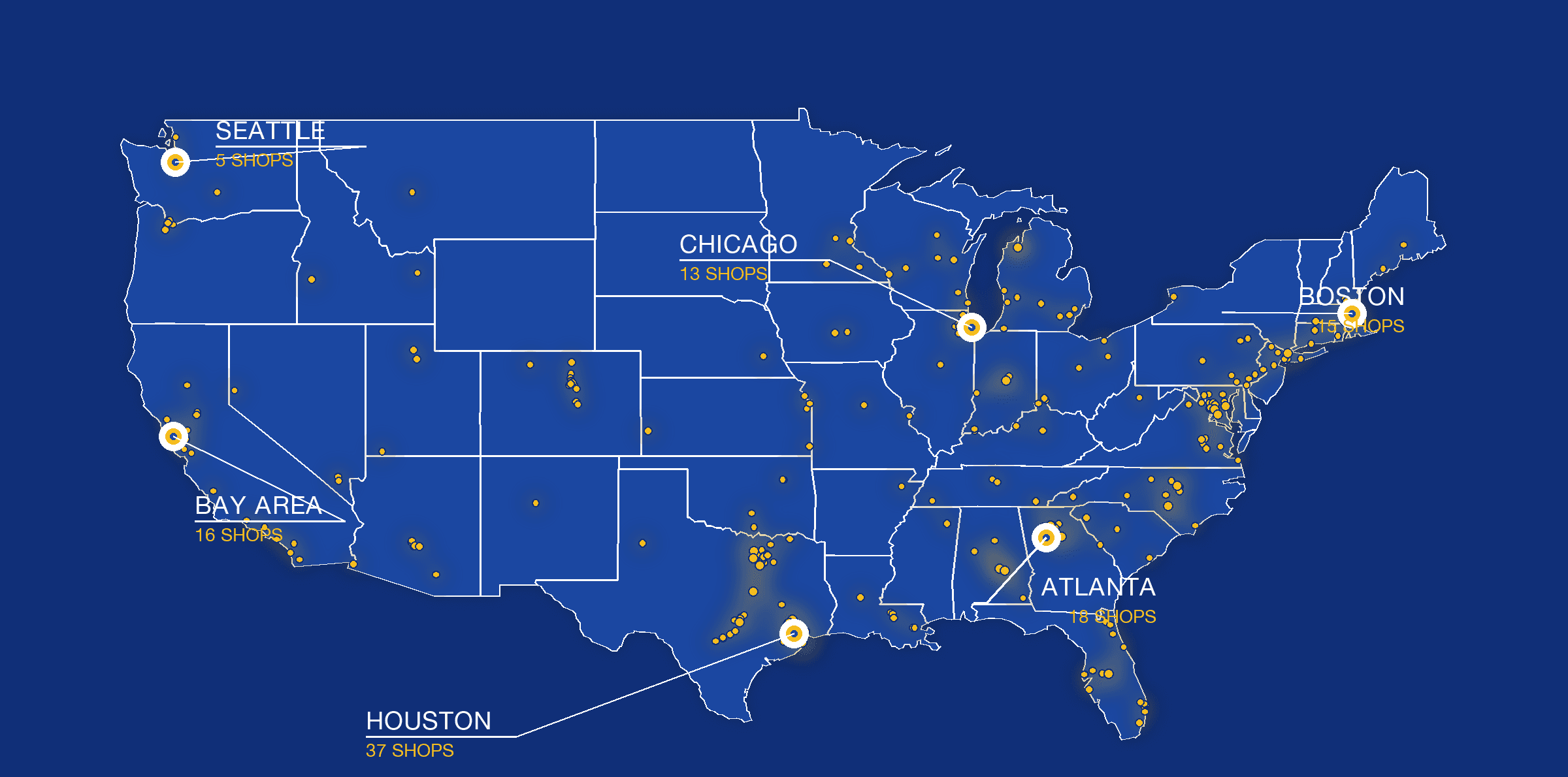 Map of AutoShop Answers training roster shops across the United States