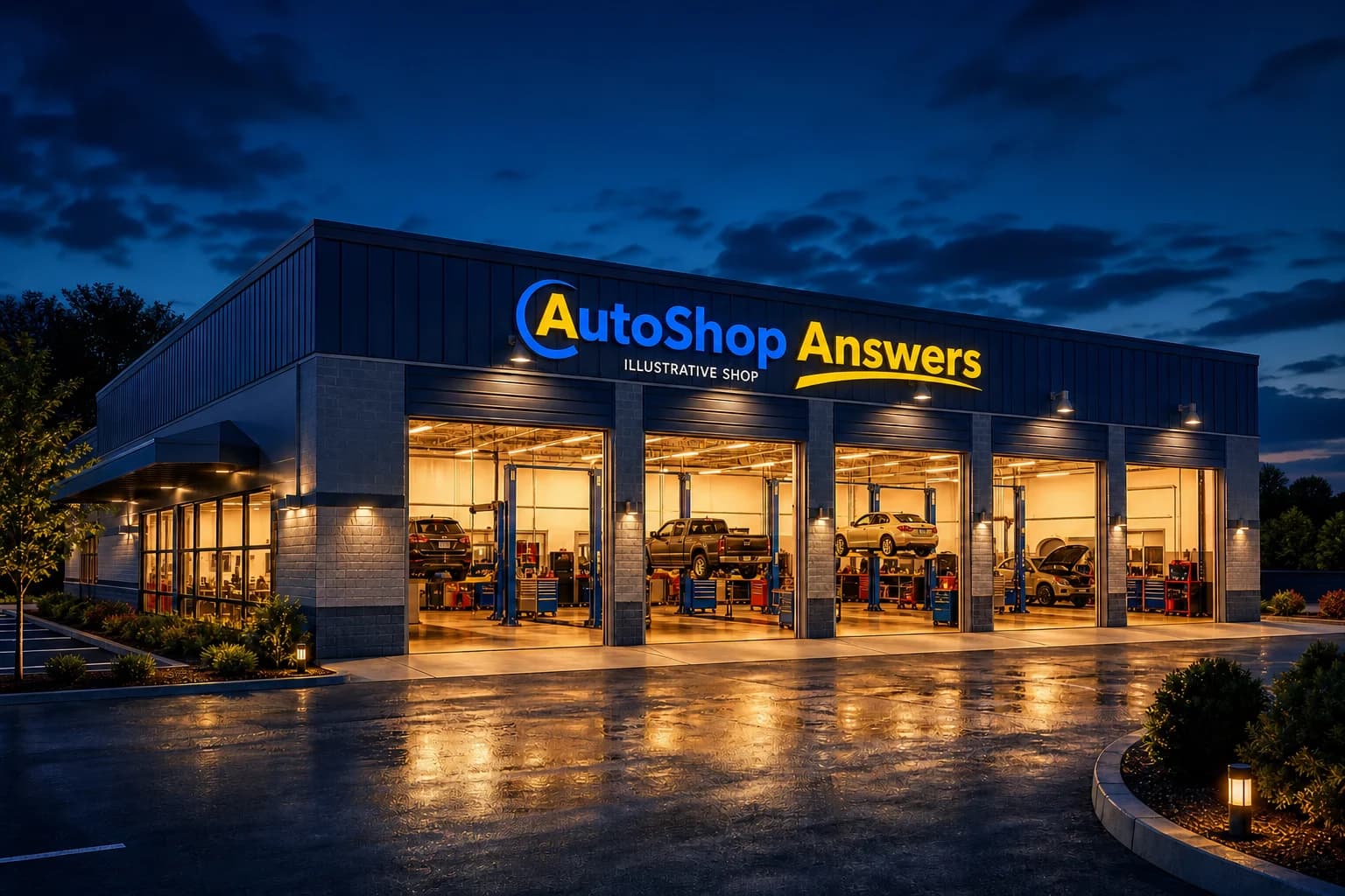 Illustration of a fictional independent automotive repair shop